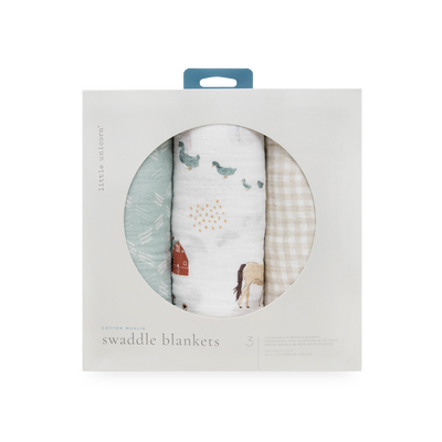 Cotton Muslin Swaddle Blanket 3 Pack - Farmyard