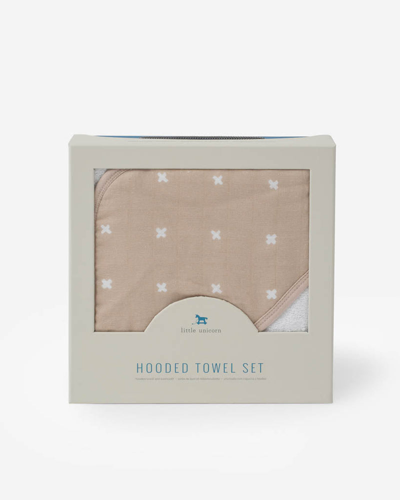 Infant Hooded Towel & Washcloth Set - Taupe Cross